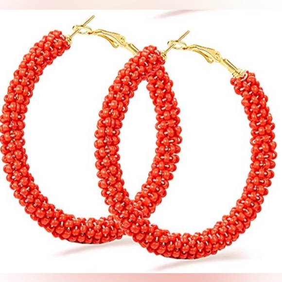 Large Red Beaded Hoops Colorful Beads Hoop Earrings Fun Summer Statement - Picture 2 of 5